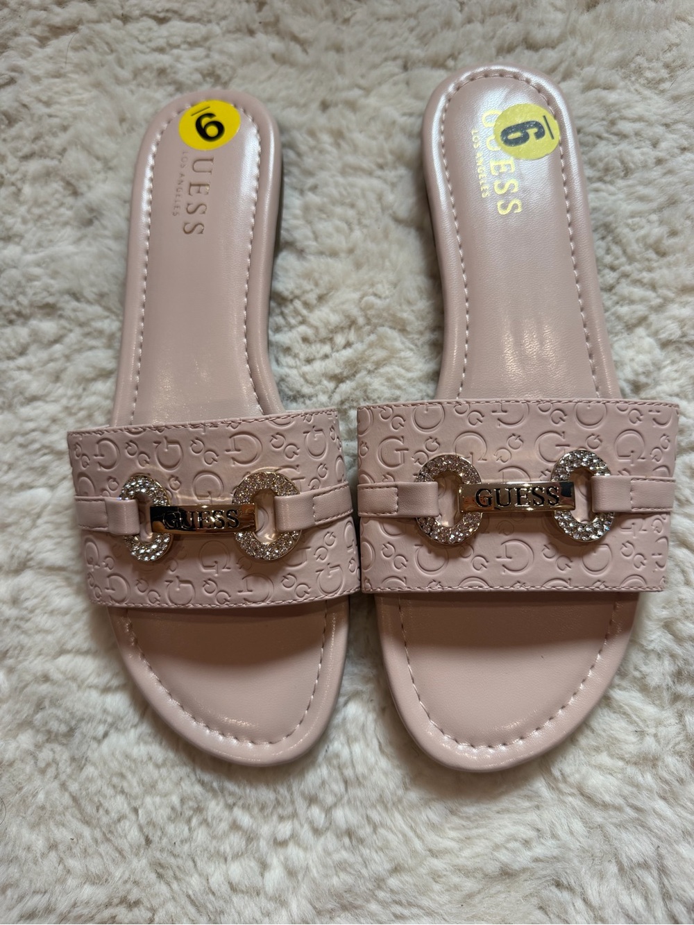 GUESS Pale Pink Embossed Logo Slide Sandals with Gold Accent